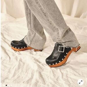 Free People Cluver City Black Leather Clogs with Silver Buckle US 10